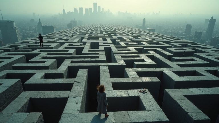 A complex, twisting maze symbolizing the uncertainty new remote hires face, highlighted by scattered personal traces and incomplete cityscape elements.