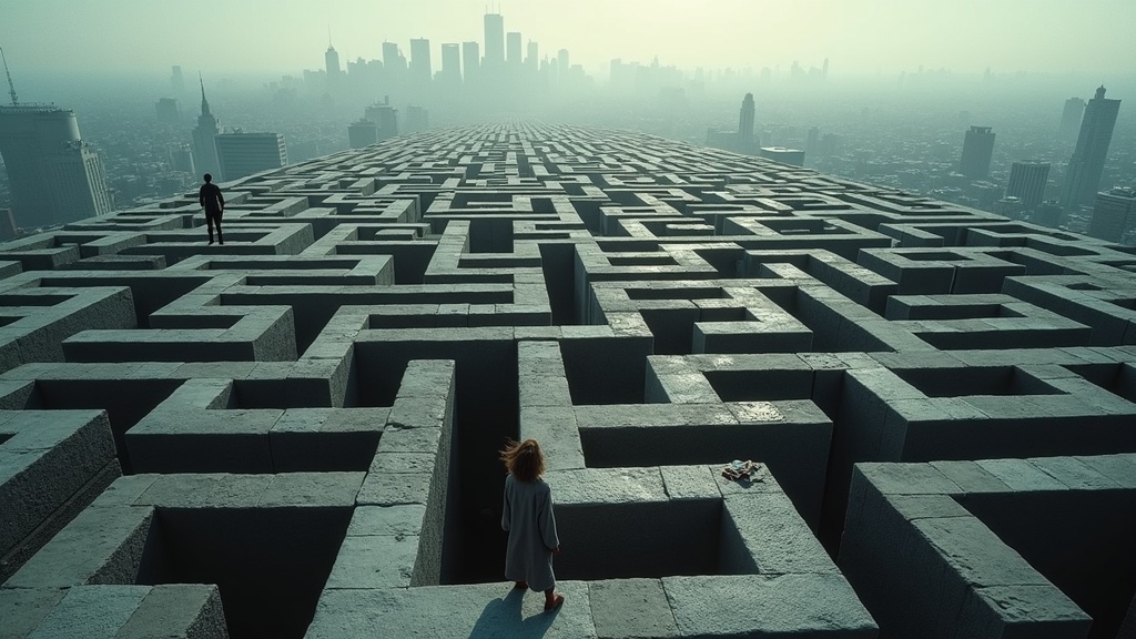 A complex, twisting maze symbolizing the uncertainty new remote hires face, highlighted by scattered personal traces and incomplete cityscape elements.