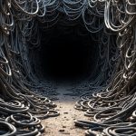 A chaotic tangle of cables with a small open space in the center, symbolizing finding clarity in remote meeting technology choices