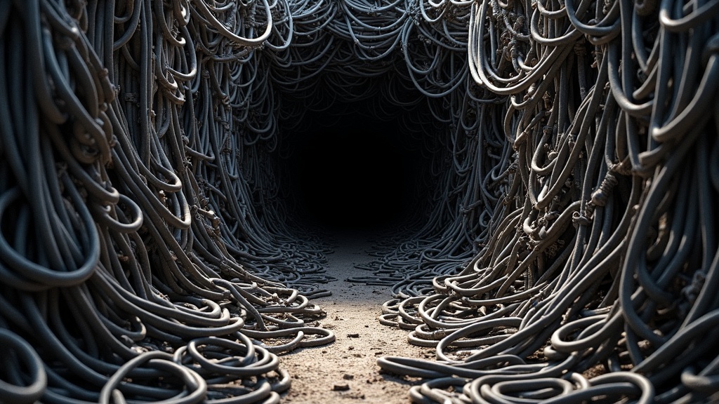 A chaotic tangle of cables with a small open space in the center, symbolizing finding clarity in remote meeting technology choices