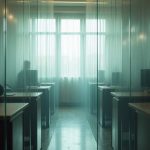 Layered translucent screens and reflective surfaces in a cluttered home office evoke the confusion and fatigue of long virtual meetings.