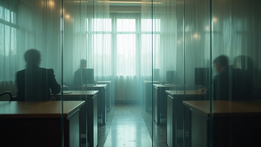 Layered translucent screens and reflective surfaces in a cluttered home office evoke the confusion and fatigue of long virtual meetings.