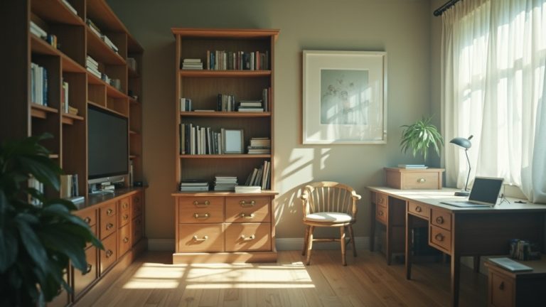A home office with overlapping walls and blurred furniture, highlighting the struggle to separate work and home environments.