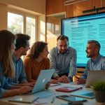 Remote workers collaborating in a bright home office, gathered around a screen with a project update, engaged in discussion amidst a mix of work items.