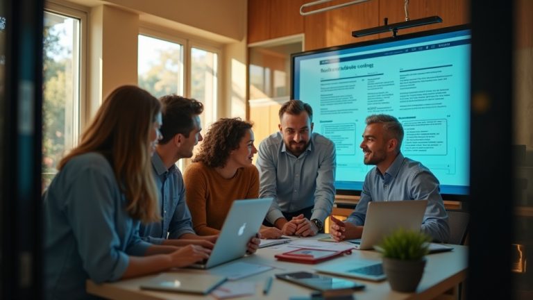 Remote workers collaborating in a bright home office, gathered around a screen with a project update, engaged in discussion amidst a mix of work items.