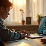 A remote employee at a home desk participates in a video call, focused and slightly apprehensive, surrounded by personal touches and warm sunlight.