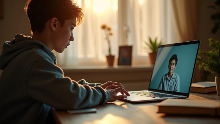 A remote employee at a home desk participates in a video call, focused and slightly apprehensive, surrounded by personal touches and warm sunlight.