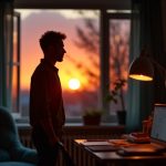 Home office at sunset with a person reflecting on work-life boundaries, blending work equipment and comfortable decor in a tranquil living space.