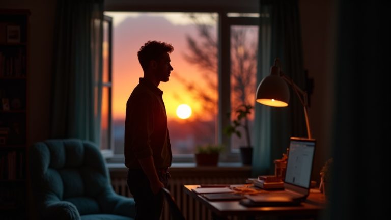 Home office at sunset with a person reflecting on work-life boundaries, blending work equipment and comfortable decor in a tranquil living space.