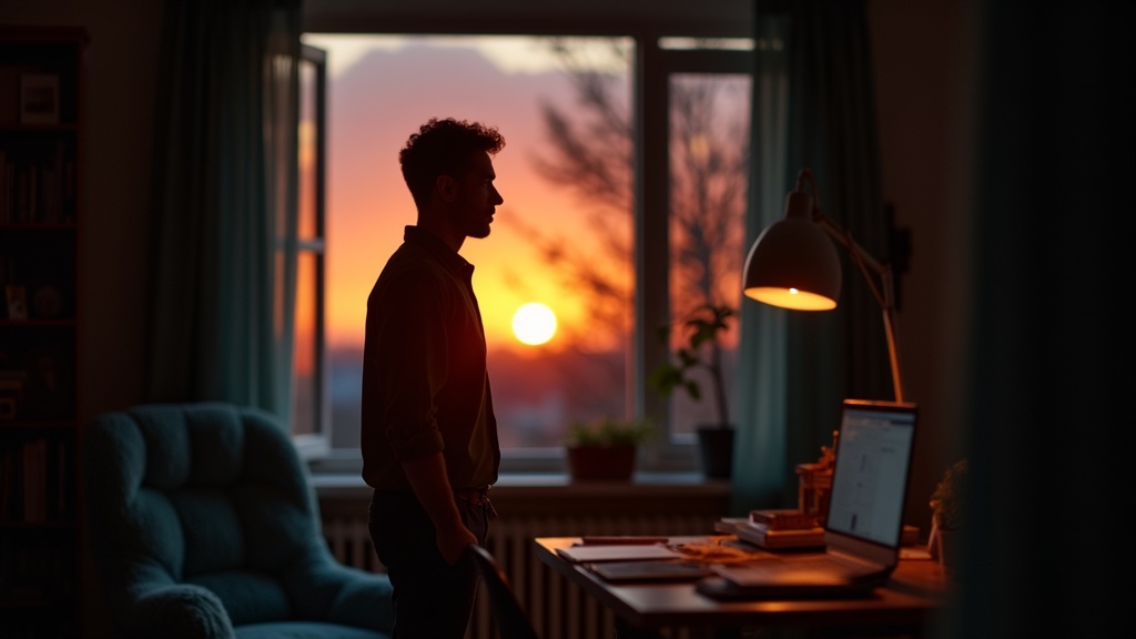 Home office at sunset with a person reflecting on work-life boundaries, blending work equipment and comfortable decor in a tranquil living space.