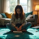 Young adult concentrating on a notebook amidst home clutter, highlighting the challenge of focus while working remotely in a sunlit living room.
