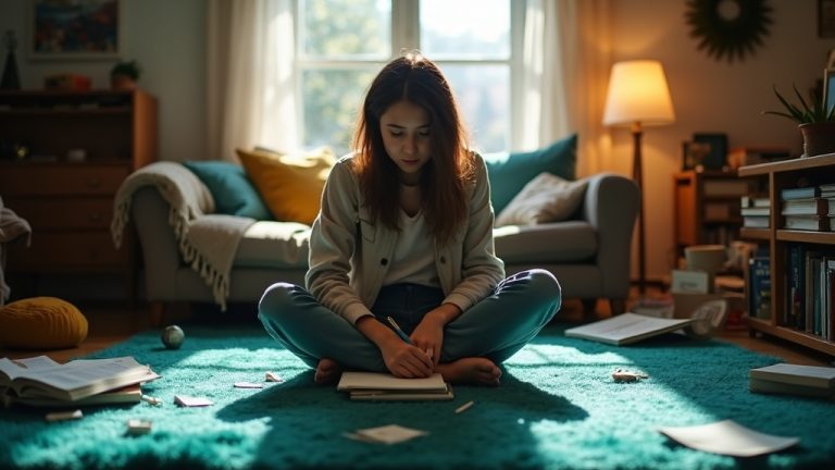 Young adult concentrating on a notebook amidst home clutter, highlighting the challenge of focus while working remotely in a sunlit living room.