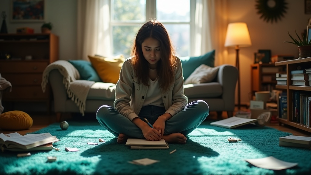 Young adult concentrating on a notebook amidst home clutter, highlighting the challenge of focus while working remotely in a sunlit living room.