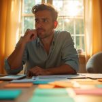 Remote worker pausing thoughtfully in warm sunlight at a cluttered home office desk during a break from virtual meetings.
