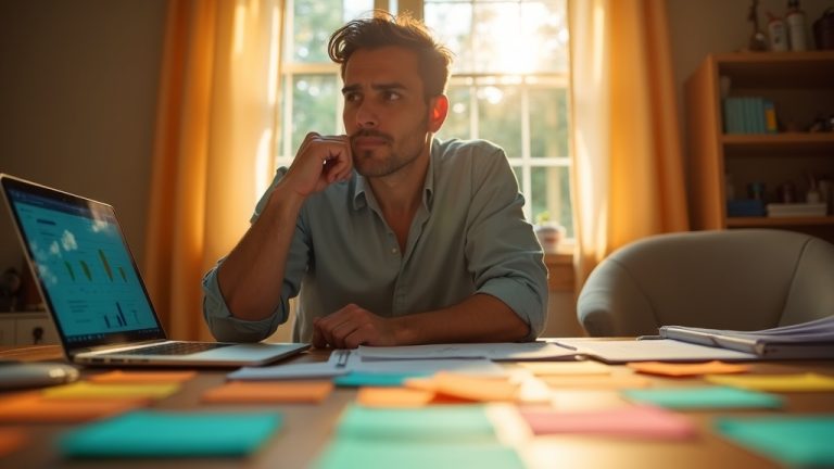 Remote worker pausing thoughtfully in warm sunlight at a cluttered home office desk during a break from virtual meetings.