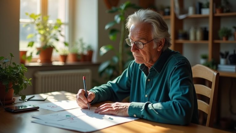 A serene home office scene with a person sketching at a sunlit desk, capturing the quiet comfort and lived-in feel of a personal remote workspace.