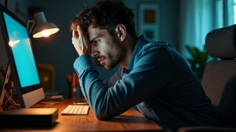 Person in a home office appearing frustrated by internet issues during a video call, highlighted by warm and cool lighting, cluttered desk, and visible router.