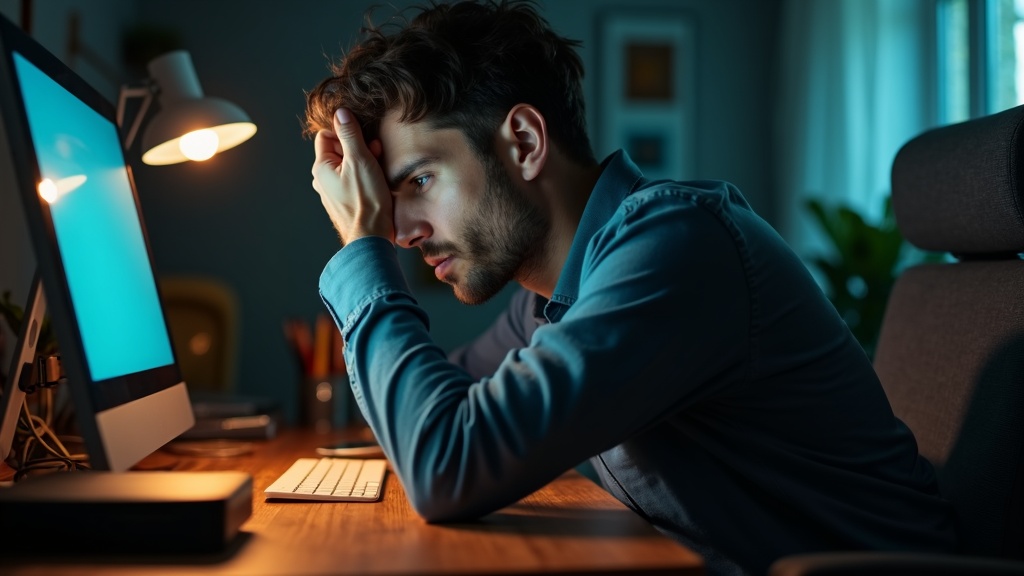 Person in a home office appearing frustrated by internet issues during a video call, highlighted by warm and cool lighting, cluttered desk, and visible router.