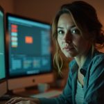Remote worker focused at their home office desk, surrounded by warm light and digital reflections, embodying authentic remote engagement.