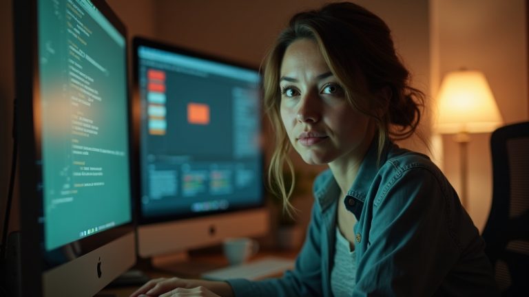 Remote worker focused at their home office desk, surrounded by warm light and digital reflections, embodying authentic remote engagement.