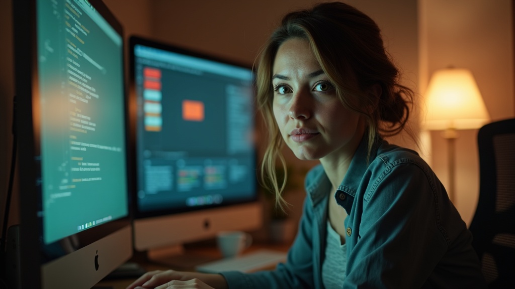 Remote worker focused at their home office desk, surrounded by warm light and digital reflections, embodying authentic remote engagement.