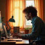 Remote worker concentrating at a cluttered home office desk with light streaming in, surrounded by digital devices and subtle signs of ongoing messaging.