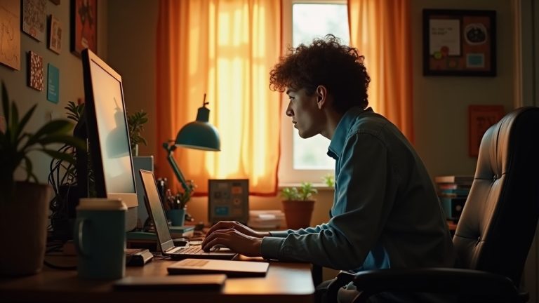 Remote worker concentrating at a cluttered home office desk with light streaming in, surrounded by digital devices and subtle signs of ongoing messaging.