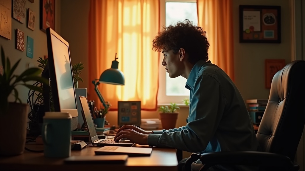Remote worker concentrating at a cluttered home office desk with light streaming in, surrounded by digital devices and subtle signs of ongoing messaging.