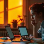 A remote worker in a colorful home office contemplates two laptops, considering device choices for secure remote work.