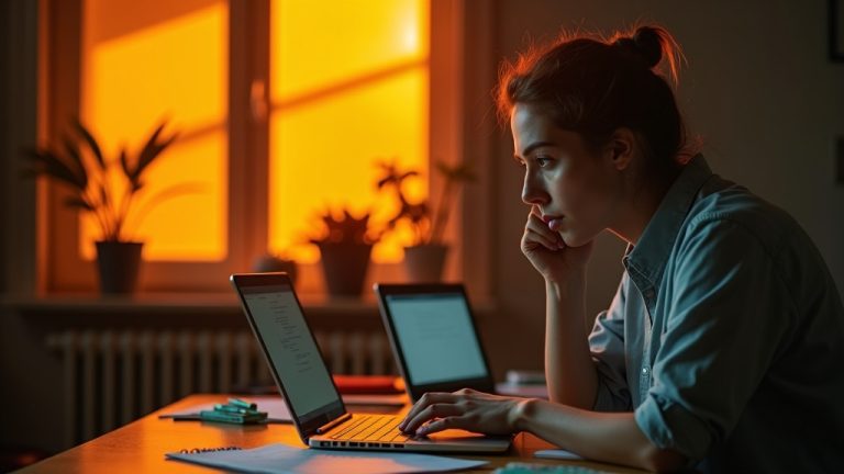 A remote worker in a colorful home office contemplates two laptops, considering device choices for secure remote work.