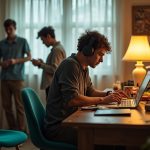 A focused remote worker at a busy home office desk, wearing noise-cancelling headphones, surrounded by others engaged in daily activities.