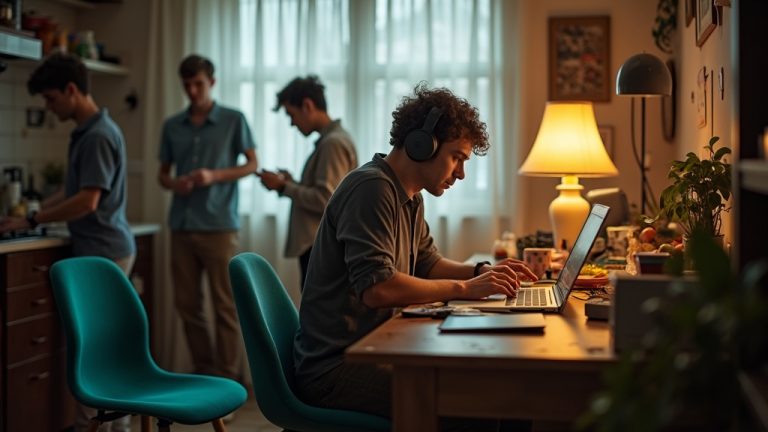 A focused remote worker at a busy home office desk, wearing noise-cancelling headphones, surrounded by others engaged in daily activities.