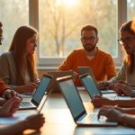 Remote workers on various devices collaborating in a sunlit, cozy room during a virtual meeting, illustrating real-world mixed-device teamwork.
