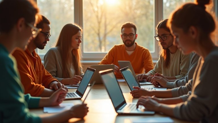 Remote workers on various devices collaborating in a sunlit, cozy room during a virtual meeting, illustrating real-world mixed-device teamwork.