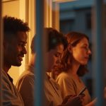Several people interact on video calls from their home windows at dusk, illuminated by warm indoor light as they engage thoughtfully with teammates.
