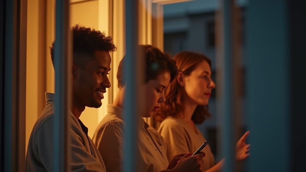 Several people interact on video calls from their home windows at dusk, illuminated by warm indoor light as they engage thoughtfully with teammates.