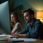 Two people sharing a home office, one focused on work while the other is distracted by their phone, in a warmly lit, personalized space.
