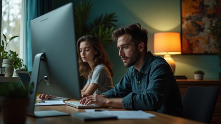 Two people sharing a home office, one focused on work while the other is distracted by their phone, in a warmly lit, personalized space.