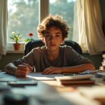 Young adult at a cluttered home office desk surrounded by papers and books with warm sunlight and a frustrated expression, highlighting workspace distractions.