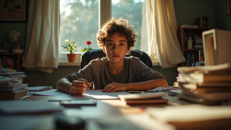 Young adult at a cluttered home office desk surrounded by papers and books with warm sunlight and a frustrated expression, highlighting workspace distractions.