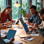 Modern office table with a diverse team focused on laptops and tablets, collaborating in a blend of digital and face-to-face interaction under soft natural and warm lighting.