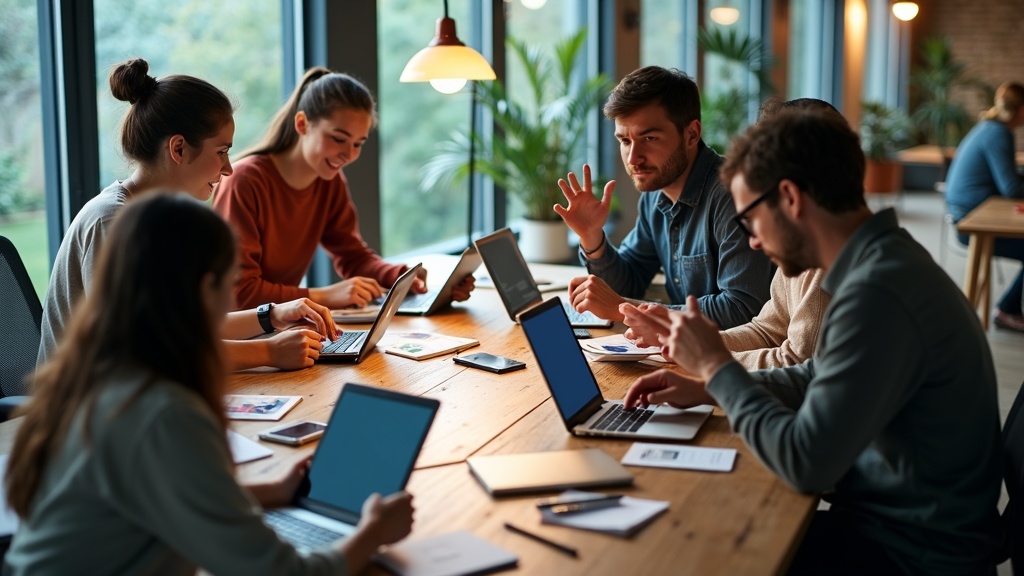 Modern office table with a diverse team focused on laptops and tablets, collaborating in a blend of digital and face-to-face interaction under soft natural and warm lighting.