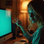 A focused remote worker in a warmly lit home office on a video call, expressing engagement and thoughtfulness amid a cozy, personal workspace.