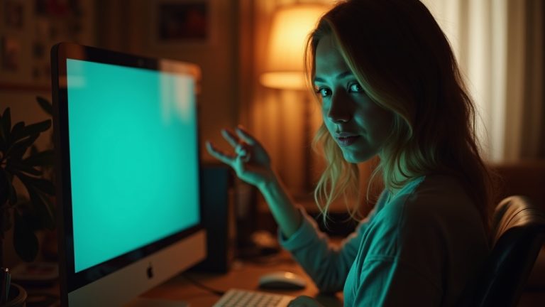 A focused remote worker in a warmly lit home office on a video call, expressing engagement and thoughtfulness amid a cozy, personal workspace.