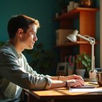 Adult at a desk in a warmly lit home workspace, pausing above the keyboard and glancing off-camera, with casual clutter and partial objects hinting at everyday distractions.