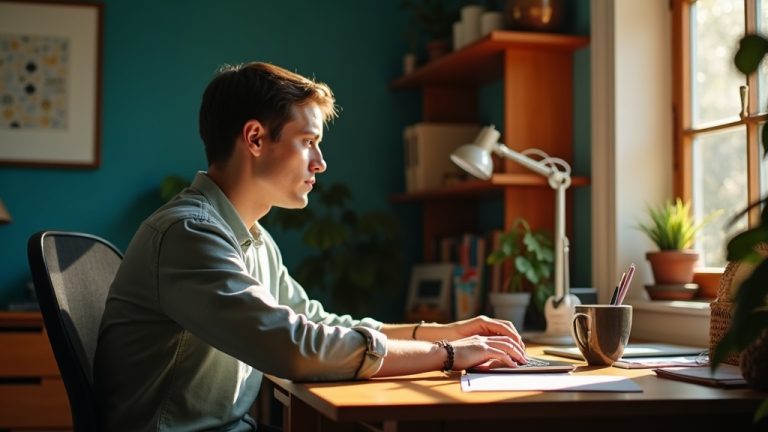 Adult at a desk in a warmly lit home workspace, pausing above the keyboard and glancing off-camera, with casual clutter and partial objects hinting at everyday distractions.