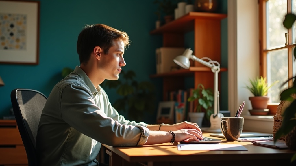 Adult at a desk in a warmly lit home workspace, pausing above the keyboard and glancing off-camera, with casual clutter and partial objects hinting at everyday distractions.