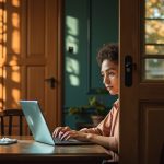 A focused young professional working on a laptop in a cozy shared home office, partially hidden by an open door with sunlight and shadows highlighting the need for privacy.