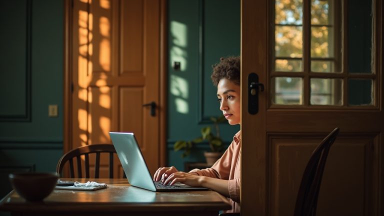 A focused young professional working on a laptop in a cozy shared home office, partially hidden by an open door with sunlight and shadows highlighting the need for privacy.