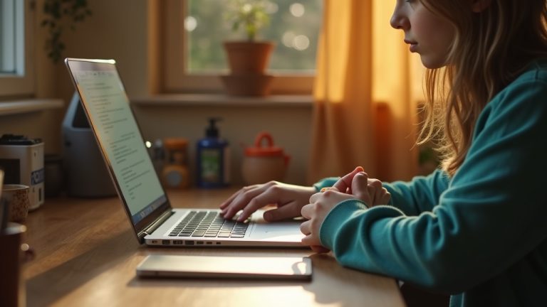 A parent working at a home desk looks thoughtful as a child’s hand gently tugs their sleeve, highlighting the challenge of balancing focus and family needs.
